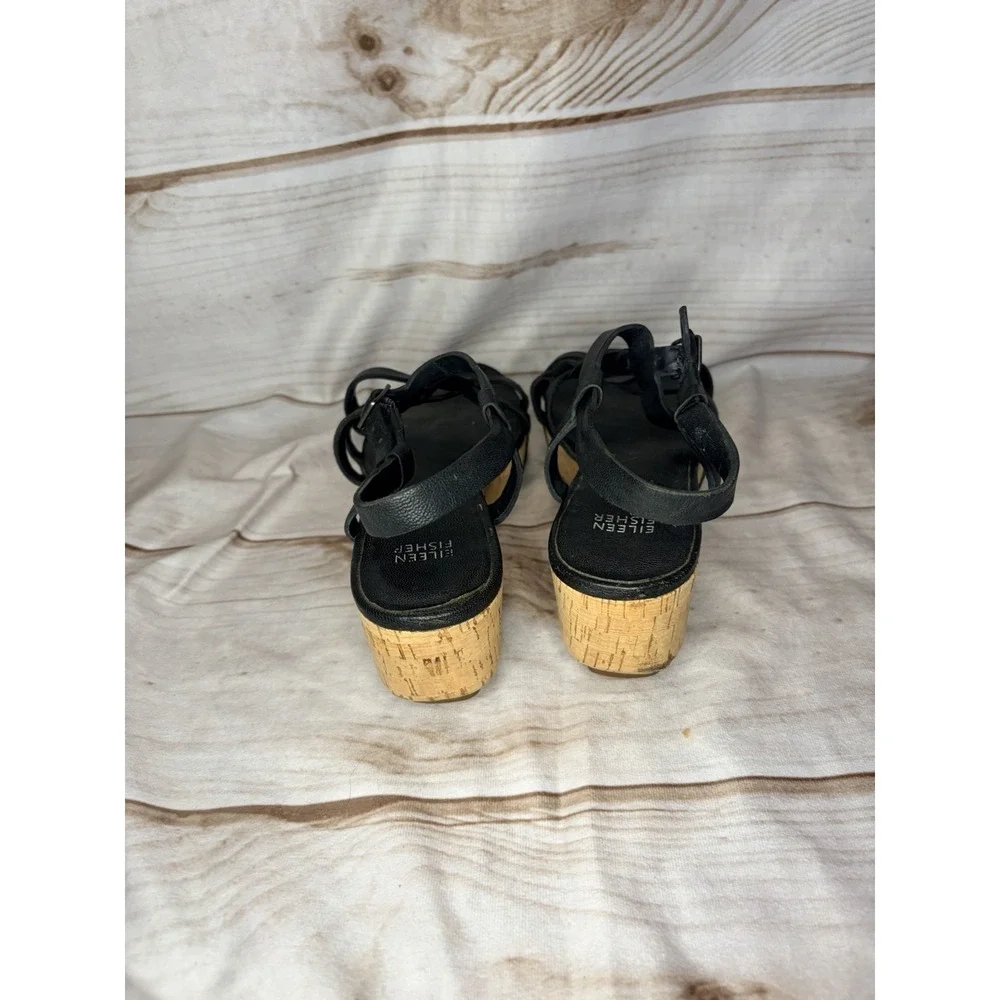 Eileen Fisher Black Leather Strappy Cork Wedge Sandals Size 10 Gladiator